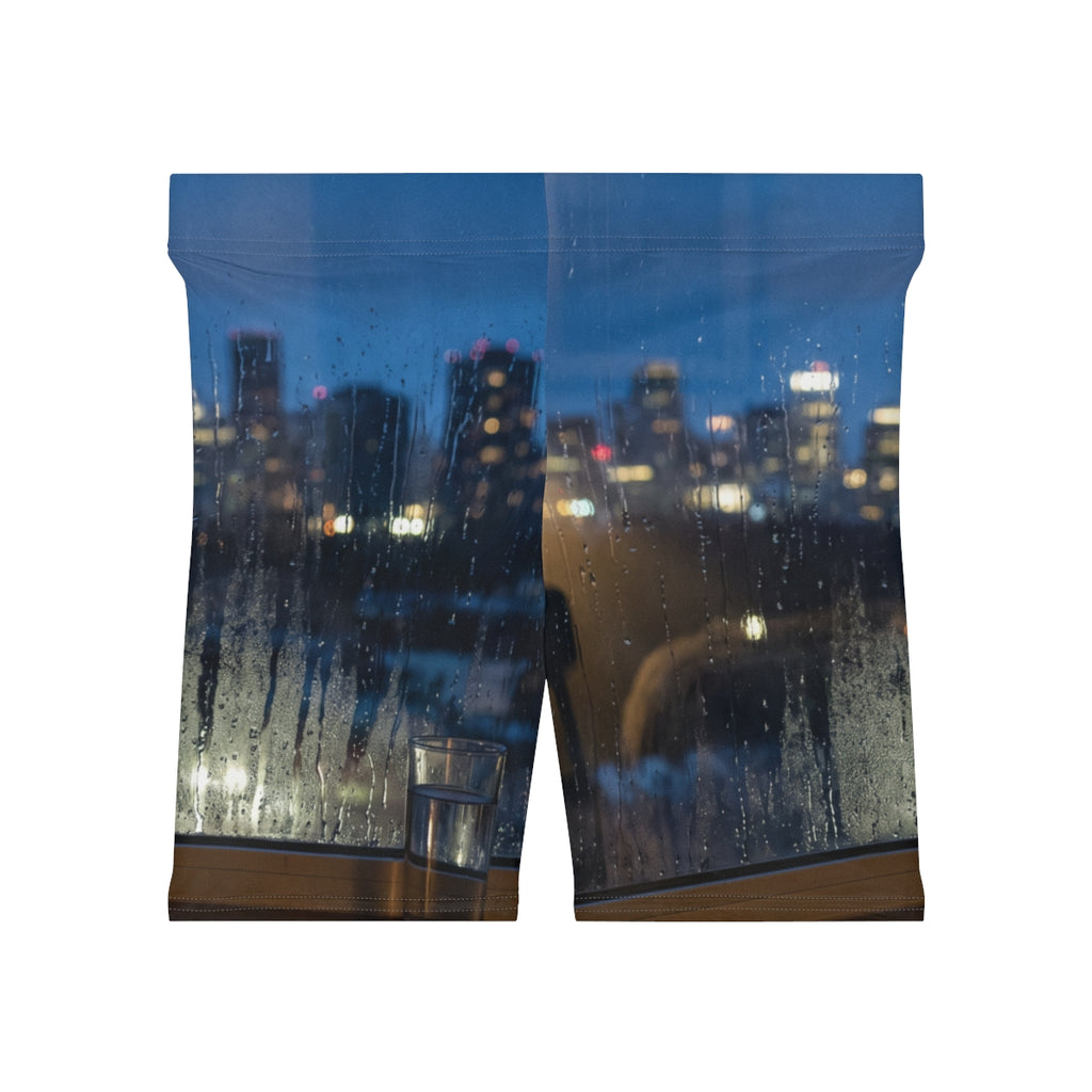 Women's Biker Shorts with Rainy City Skyline Art