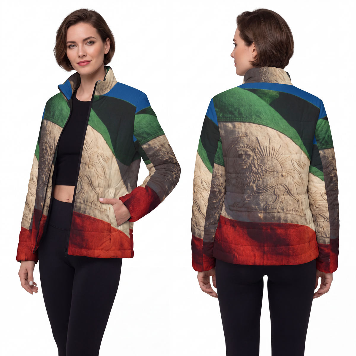 Women's Puffer Jacket - Vintage Persian Lion and Sun Flag......