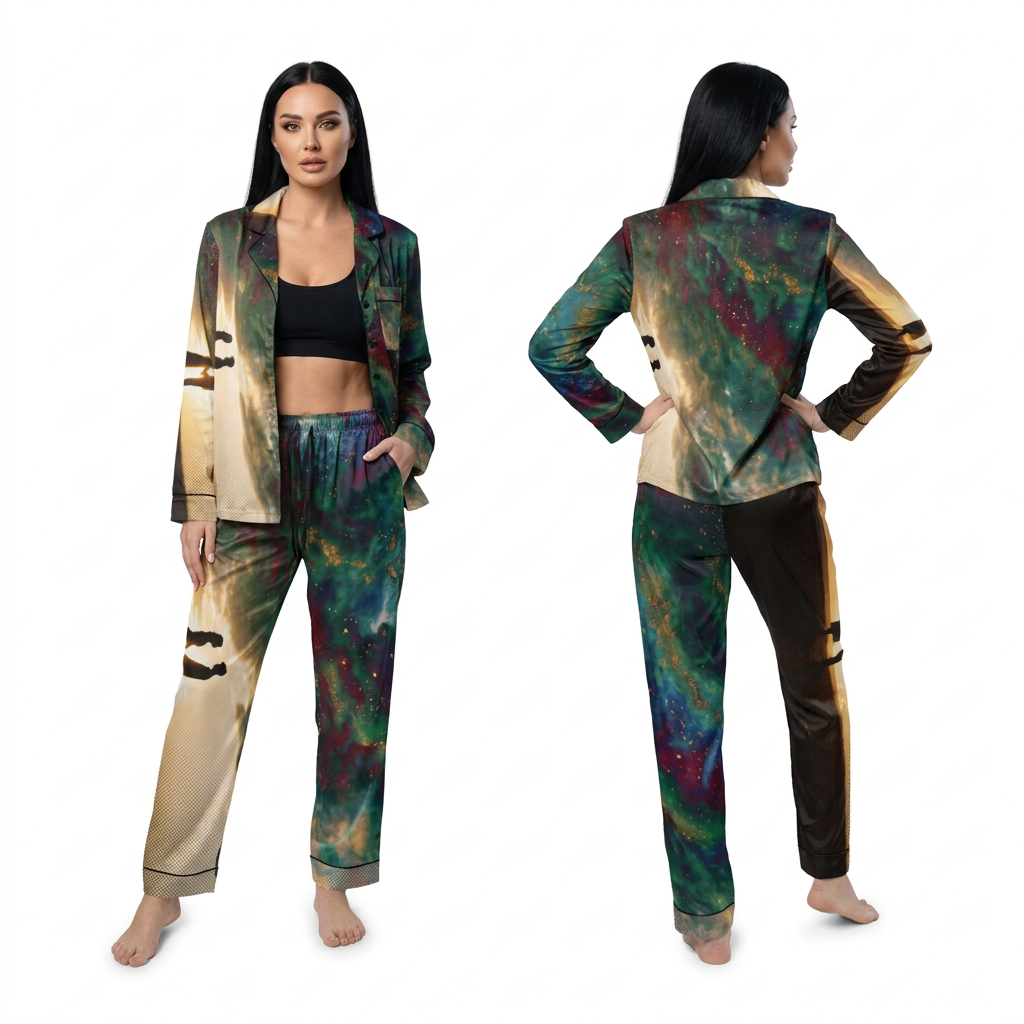 Pijama de satén mujer silueta atardecer cósmico