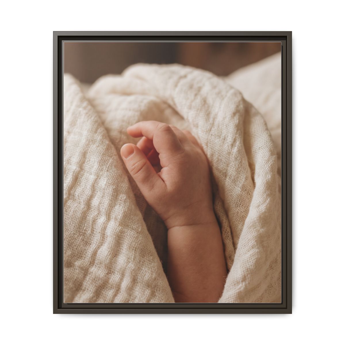 Framed Matte Canvas - Tender Newborn Hand (8×10, 9×12, 11×14, 12×16, 10×20, 12×18, 16×20, 16×24, 18×24, 12×36, 20×24, 16×32, 20×30, 24×30, 24×32, 16×48, 24×36, 24×48, 30×40, 20×60, 32×48, 30×60 & 40×60)