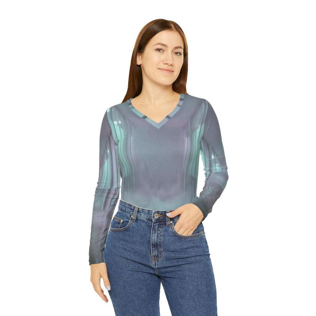 Women's Long Sleeve V-neck Shirt - Liminal Corridor Fog Art...