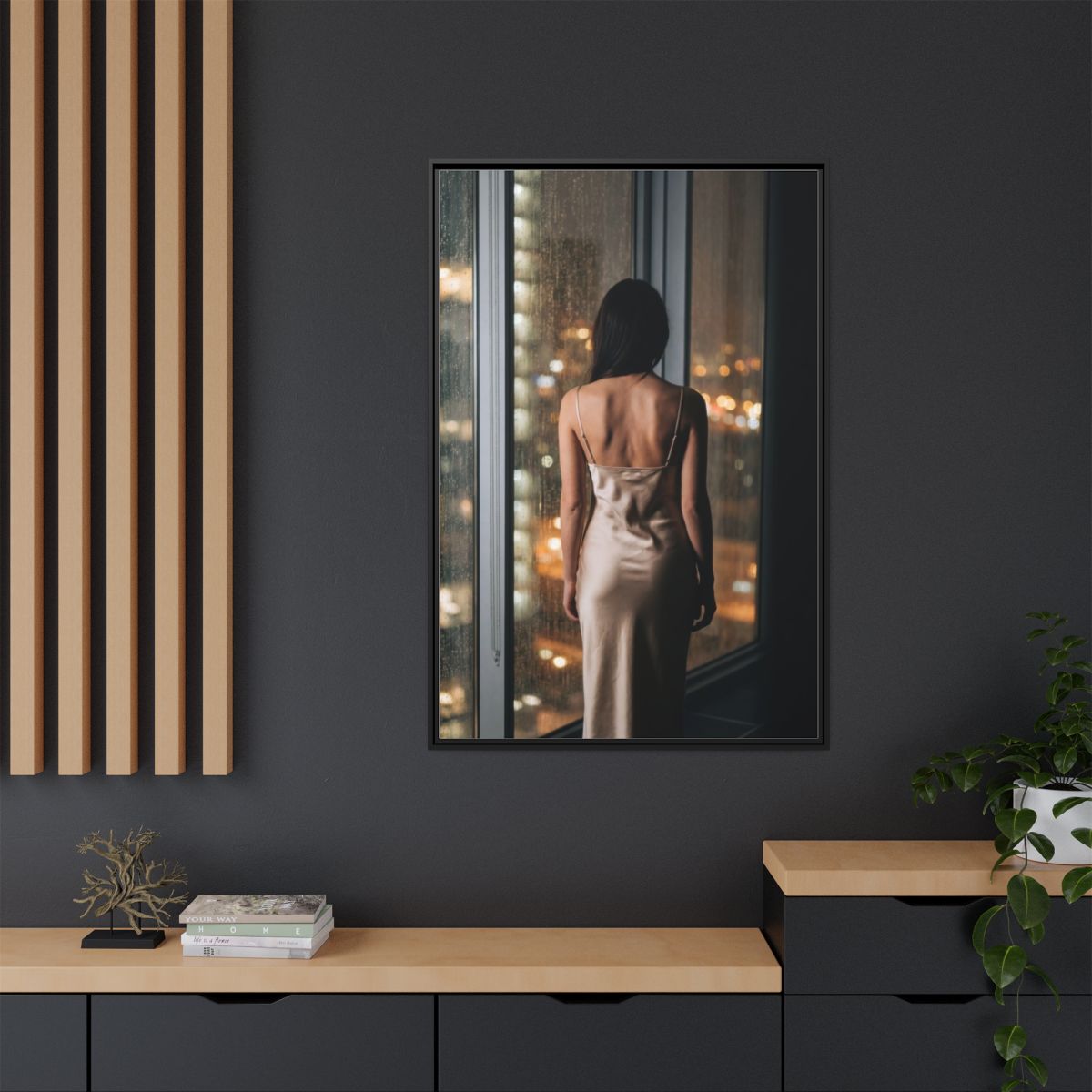 Matte Canvas, Framed - Rainy City lights Glow — Black /... |...