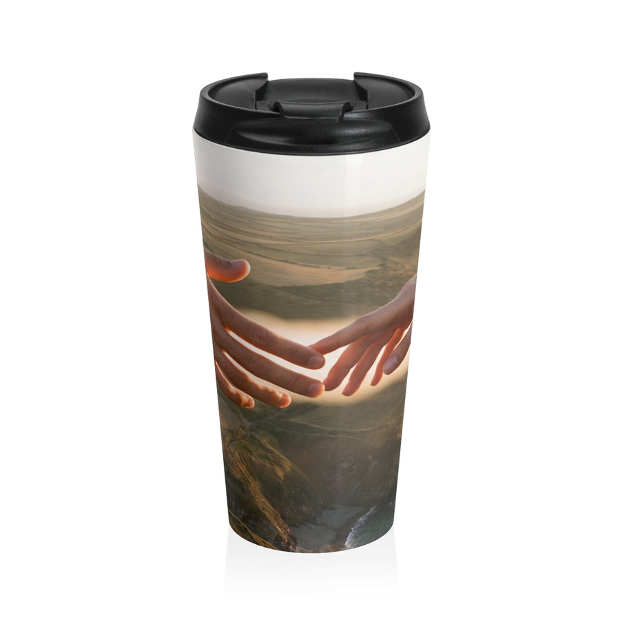 Stainless Steel Travel Mug - The Infinite Touch | Ethereal Coastal Art