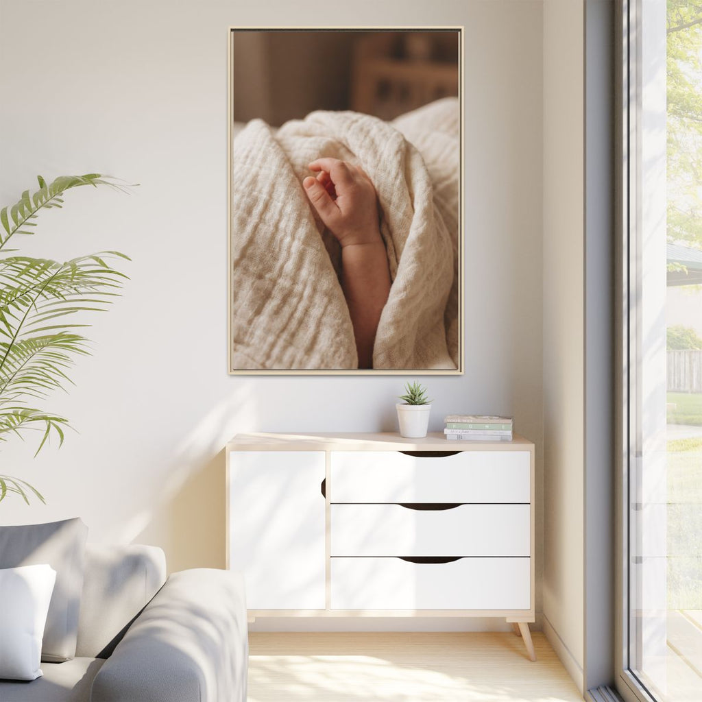 Matte Canvas, Framed - Tender Newborn Hand in Soft Muslin......