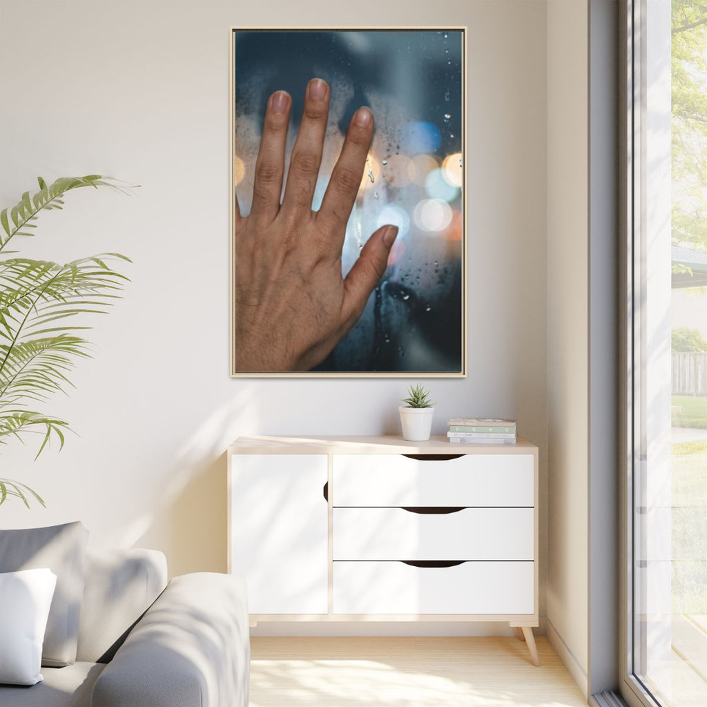 Portrait Rainy Window Framed Canvas Natural