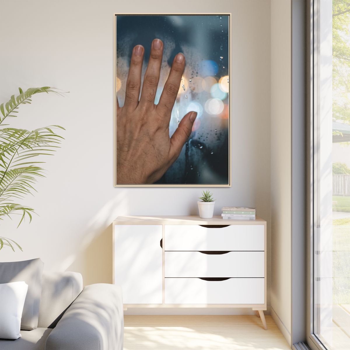 Portrait Rainy Window Framed Canvas Natural