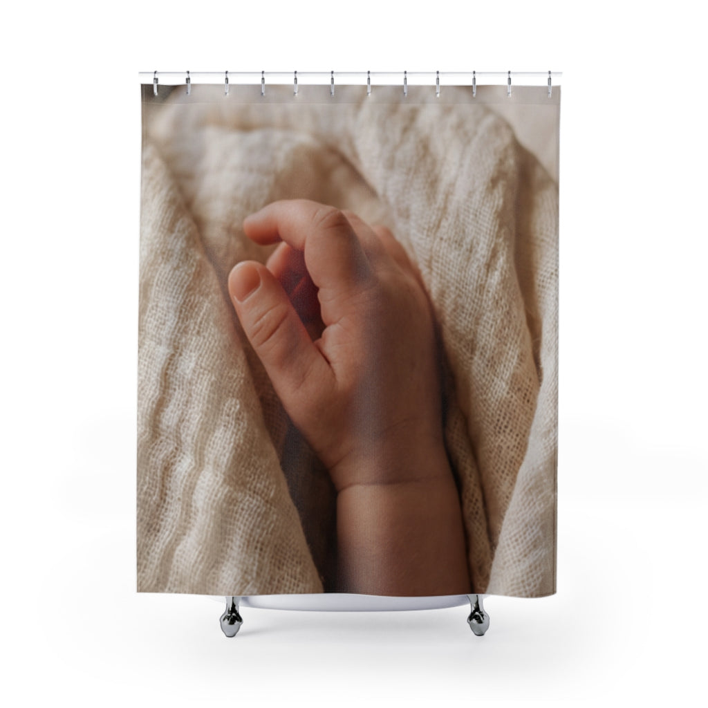 Shower Curtains - Tender Newborn Hand in Soft Muslin Blanket...