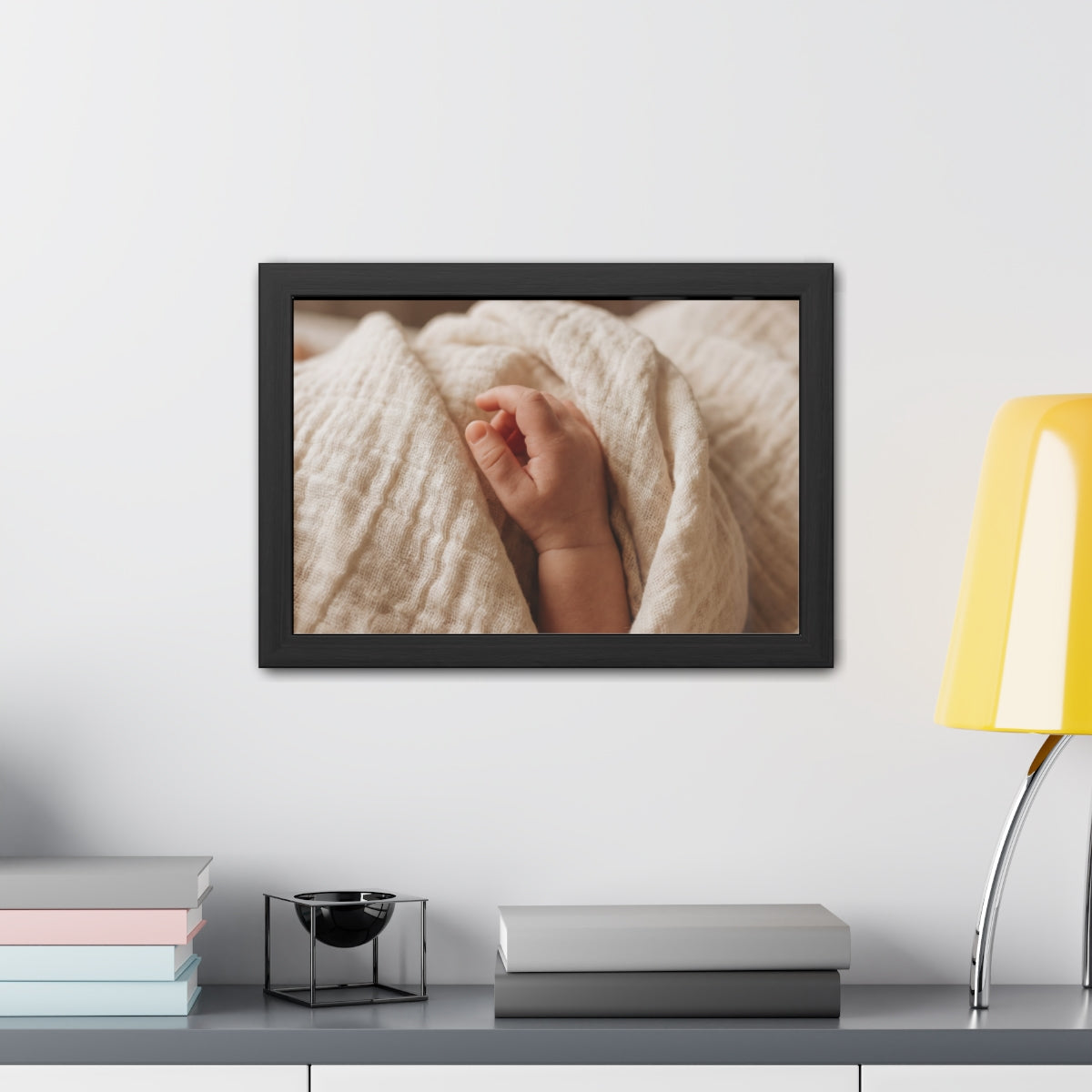 Framed Posters - Tender Newborn Hand in Soft Muslin Blanket...
