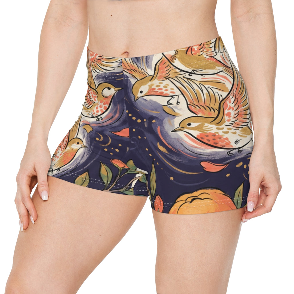 Women's Shorts with Golden Birds and Citrus
