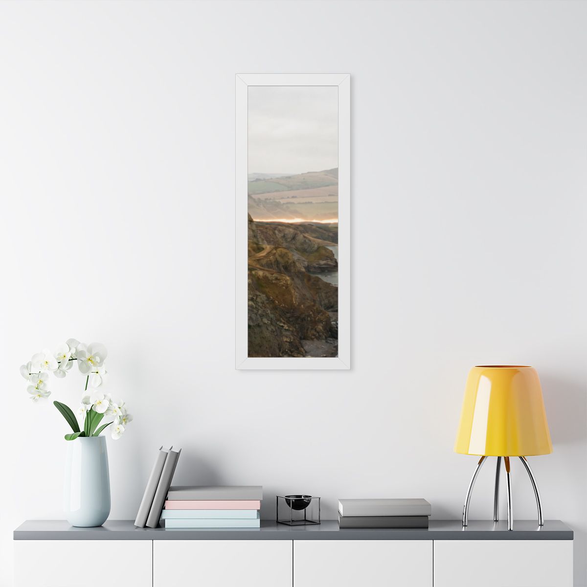 Framed Vertical Poster - Moody Coastal Cliffs Horizon Art —...