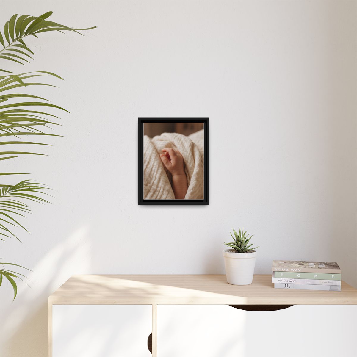 Matte Canvas, Framed - Tender Newborn Hand in Soft Muslin......