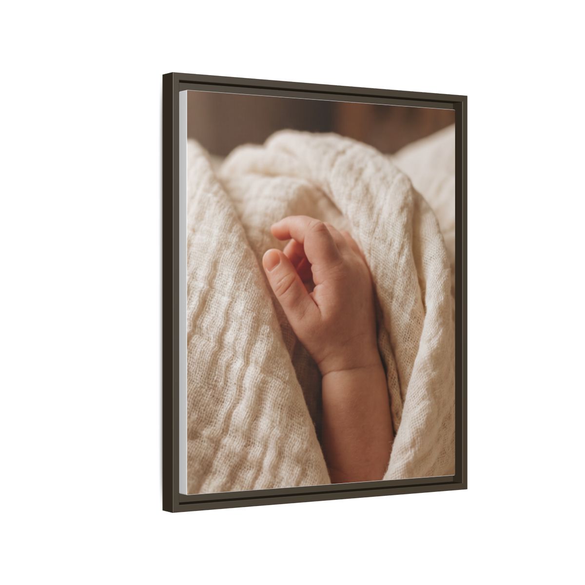 Framed Matte Canvas - Tender Newborn Hand (8×10, 9×12, 11×14, 12×16, 10×20, 12×18, 16×20, 16×24, 18×24, 12×36, 20×24, 16×32, 20×30, 24×30, 24×32, 16×48, 24×36, 24×48, 30×40, 20×60, 32×48, 30×60 & 40×60)