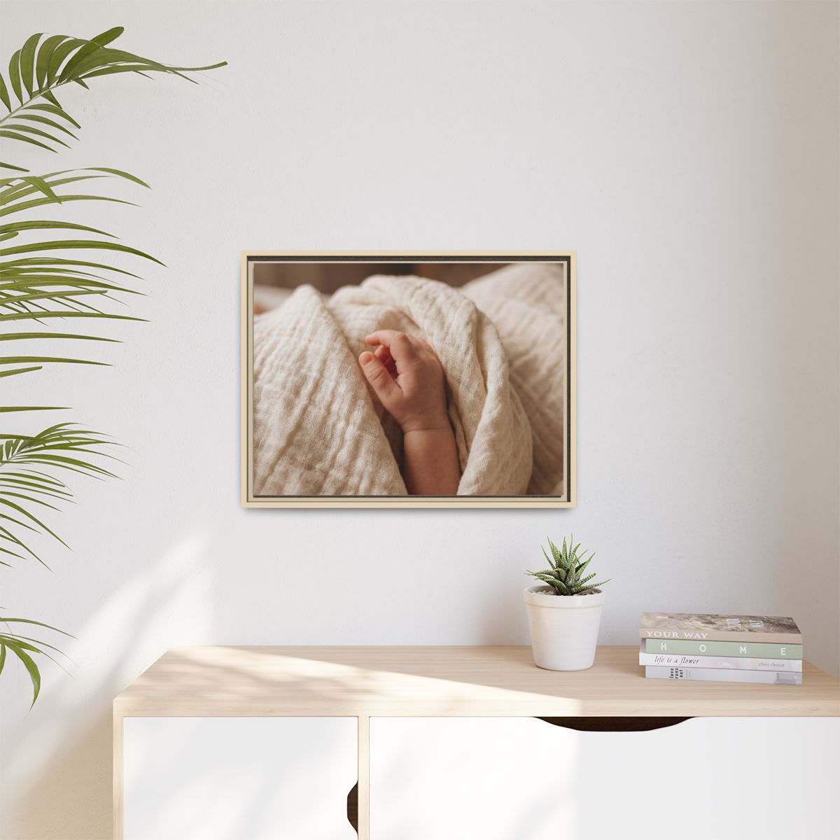 Matte Canvas, Framed - Tender Newborn Hand in Soft Muslin......