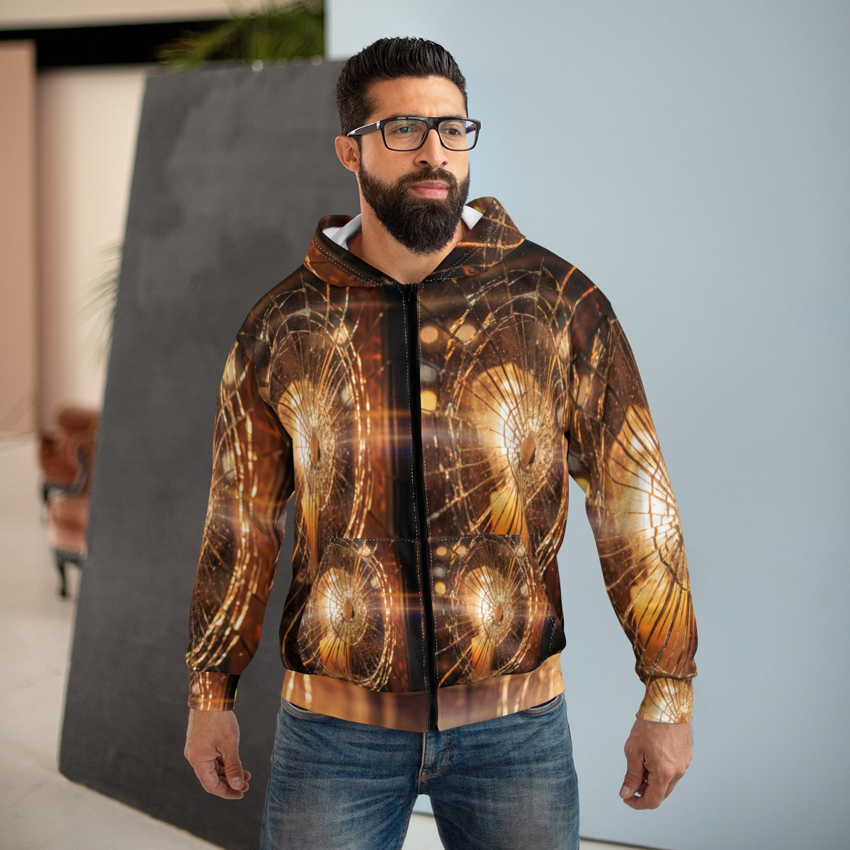 Unisex Zip Hoodie - Golden Fractures Shattered Glass Art |...