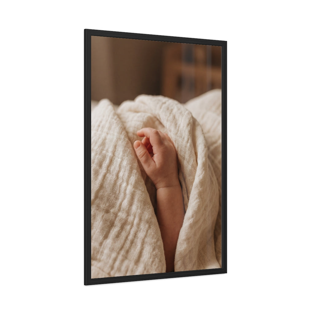 Framed Posters - Tender Newborn Hand in Soft Muslin Blanket...
