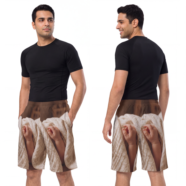 Men's Board Shorts - Tender Newborn Hand in Soft Muslin Blanket