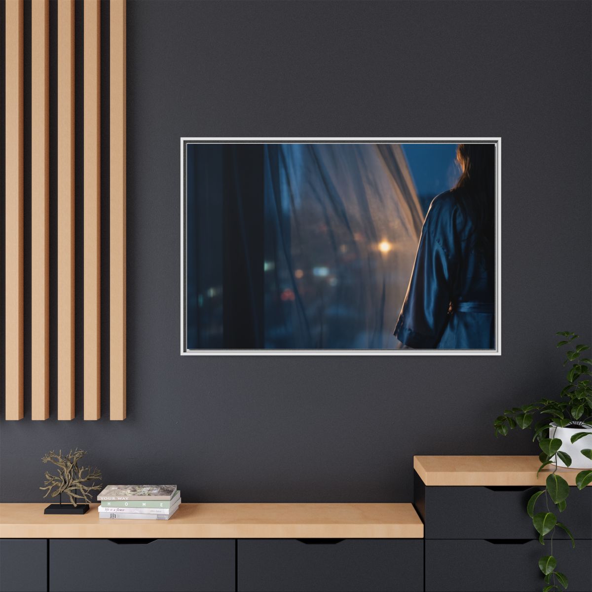 Matte Canvas, Framed - Nocturnal Solitude Silhouette — White...