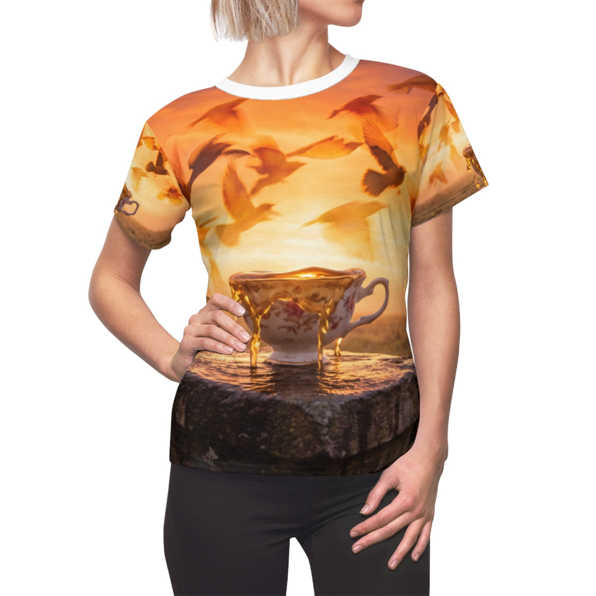 Women's Cut & Sew Tee with Teacup Bird Art