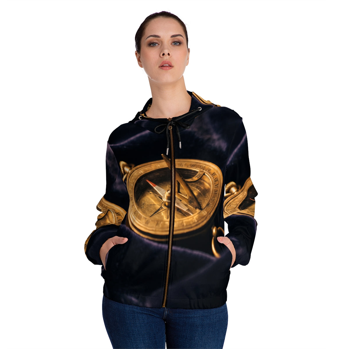 Women's Full-Zip Hoodie Brass Sundial Art