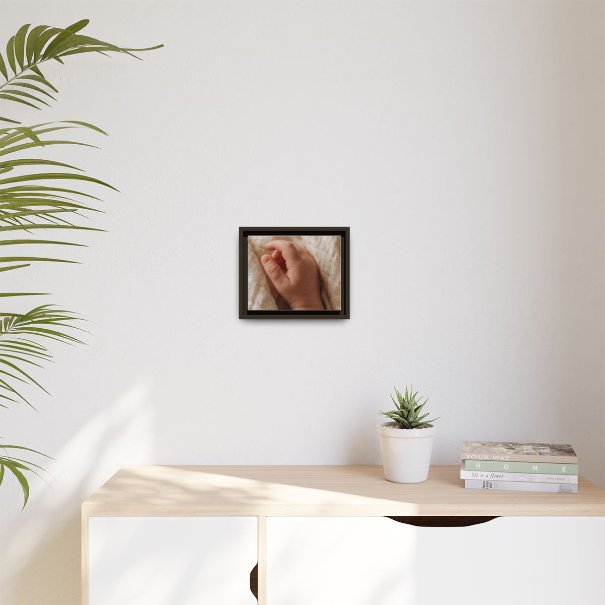 Matte Canvas, Framed - Tender Newborn Hand in Soft Muslin......