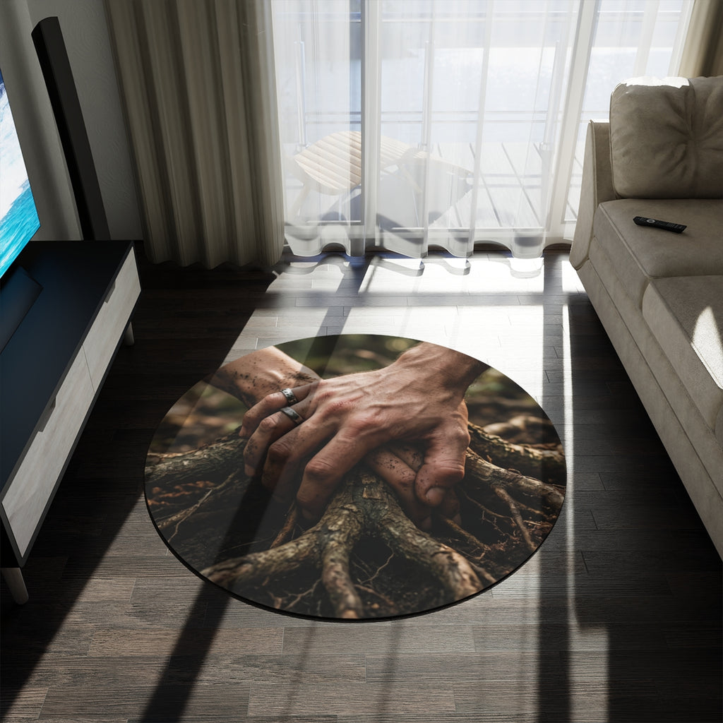 Round Rug with Forest Roots and Hands Art