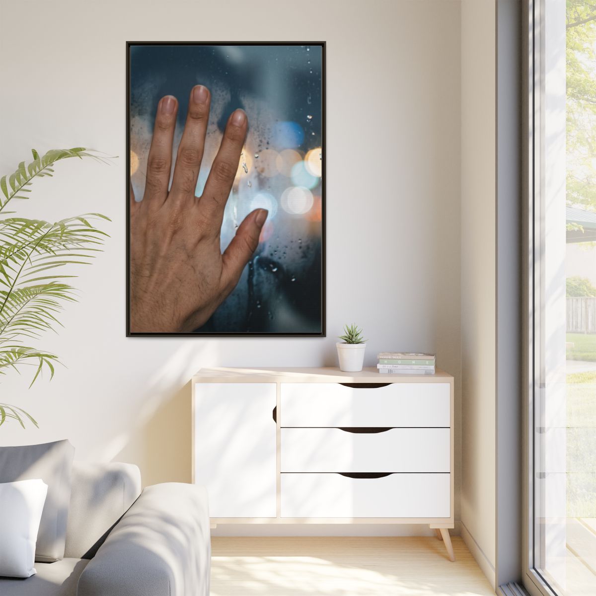 Espresso Framed Canvas Rainy City Window
