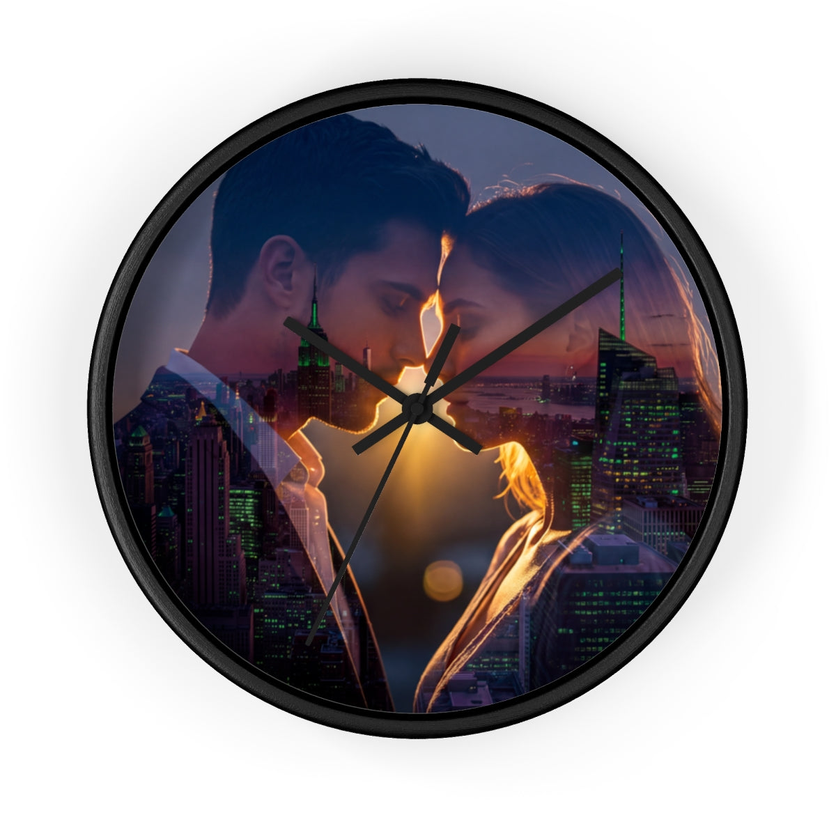 Wall Clock - City Sunset Embrace Double Exposure Silhouette...