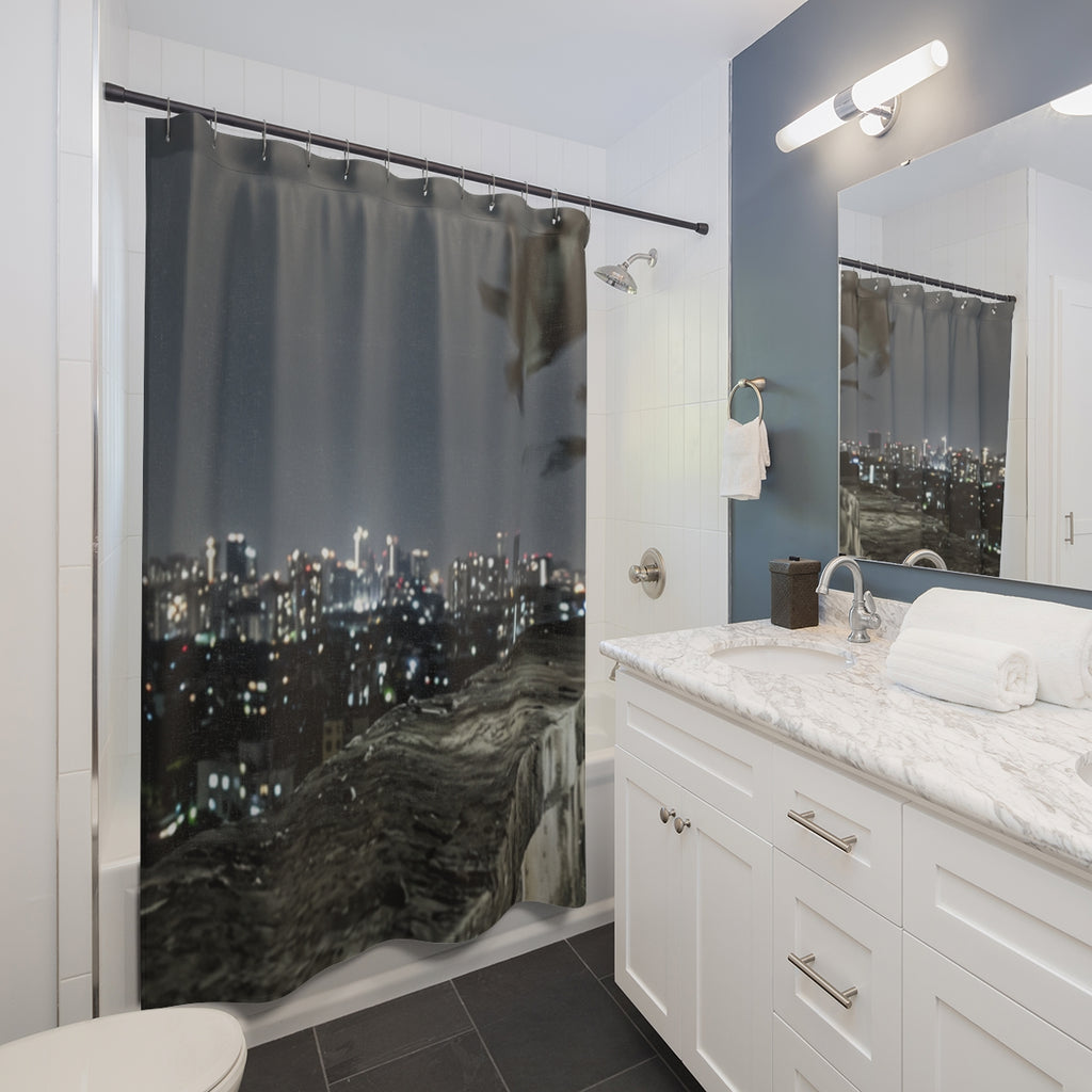 Shower Curtain - Twilight Urban Skyline Ledge | Echovira...