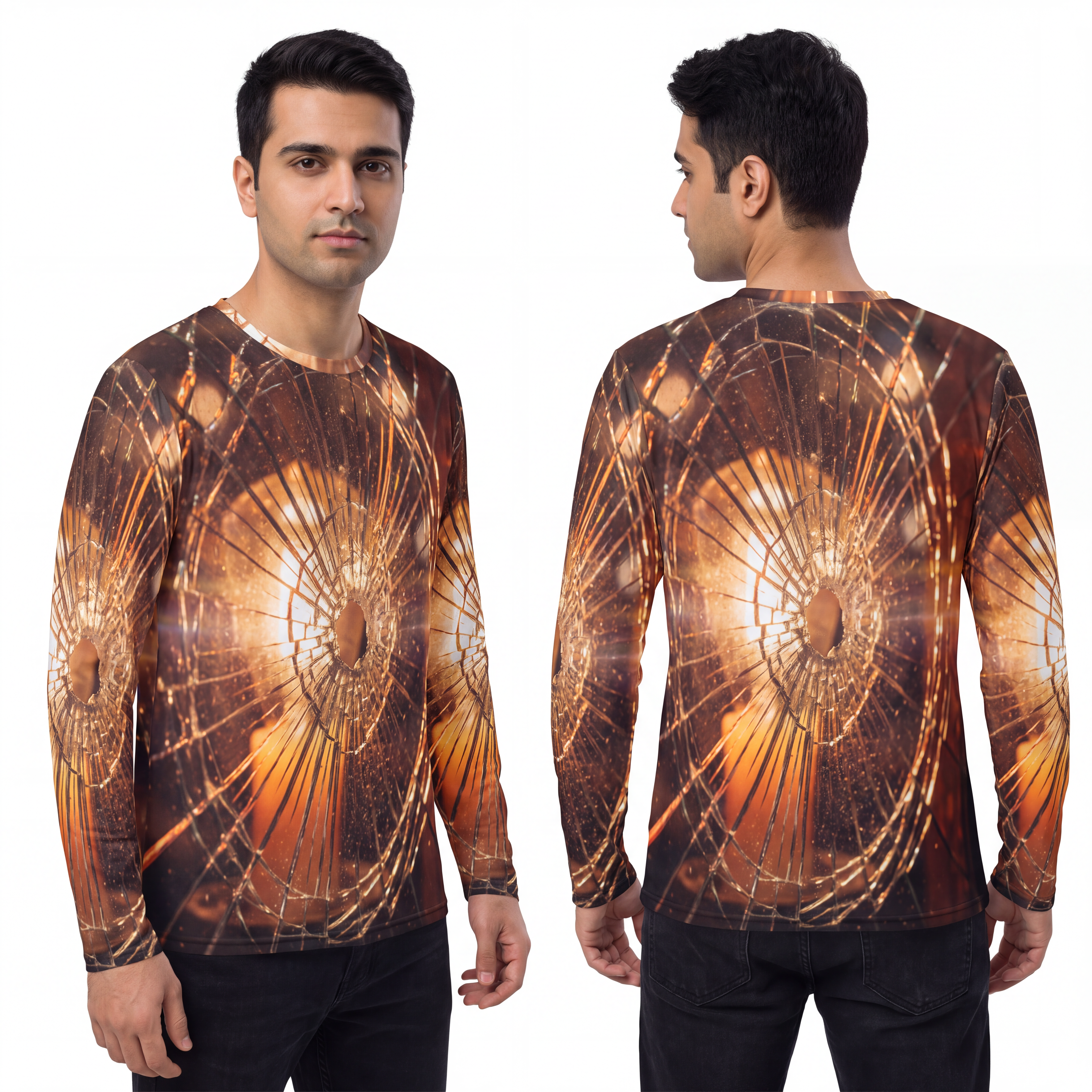 Men's Long Sleeve Shirt - Golden Fracture Shattered Glass......