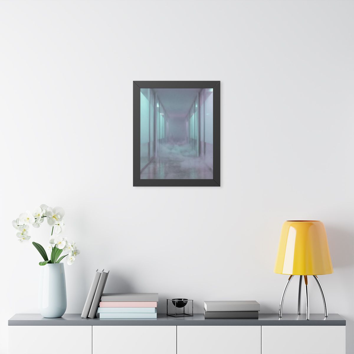 Framed Vertical Poster - Liminal Corridor Fog Art Print —......