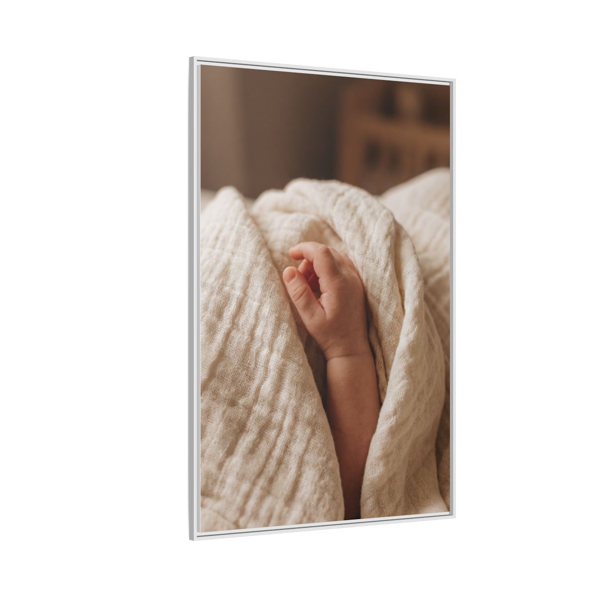 Matte Canvas, Framed - Tender Newborn Hand in Soft Muslin Blanket (8×10, 9×12, 11×14, 12×16, 10×20, 12×18, 16×20, 16×24, 18×24, 12×36, 20×24, 16×32, 20×30, 24×30, 24×32, 16×48, 24×36, 24×48, 30×40, 20×60, 32×48, 30×60 & 40×60)
