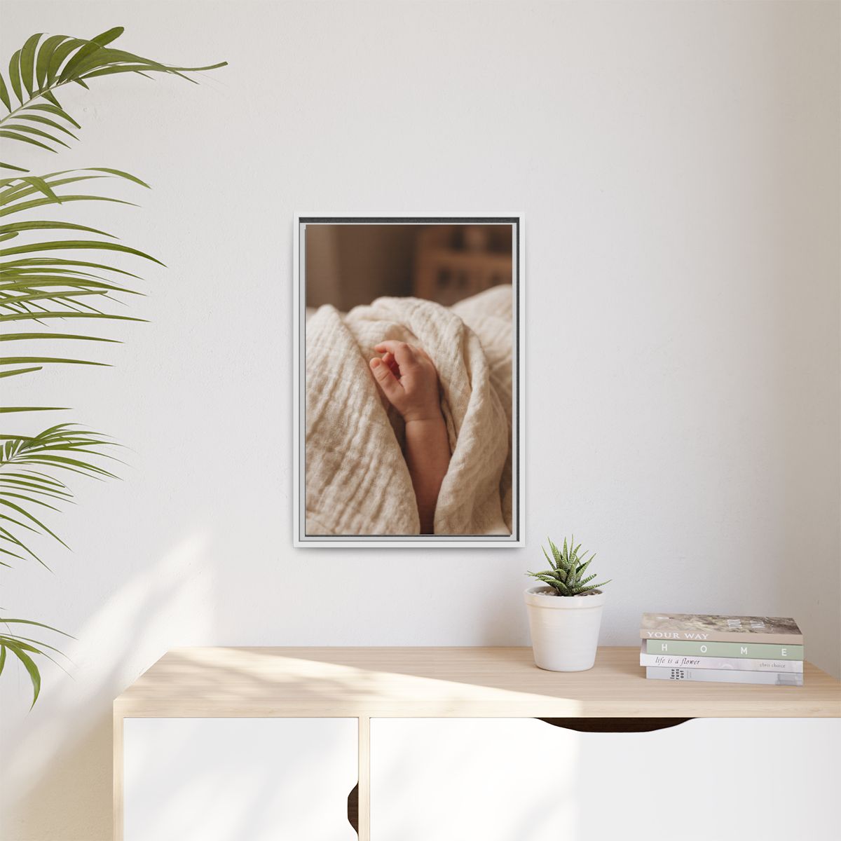 Matte Canvas, Framed - Tender Newborn Hand in Soft Muslin......