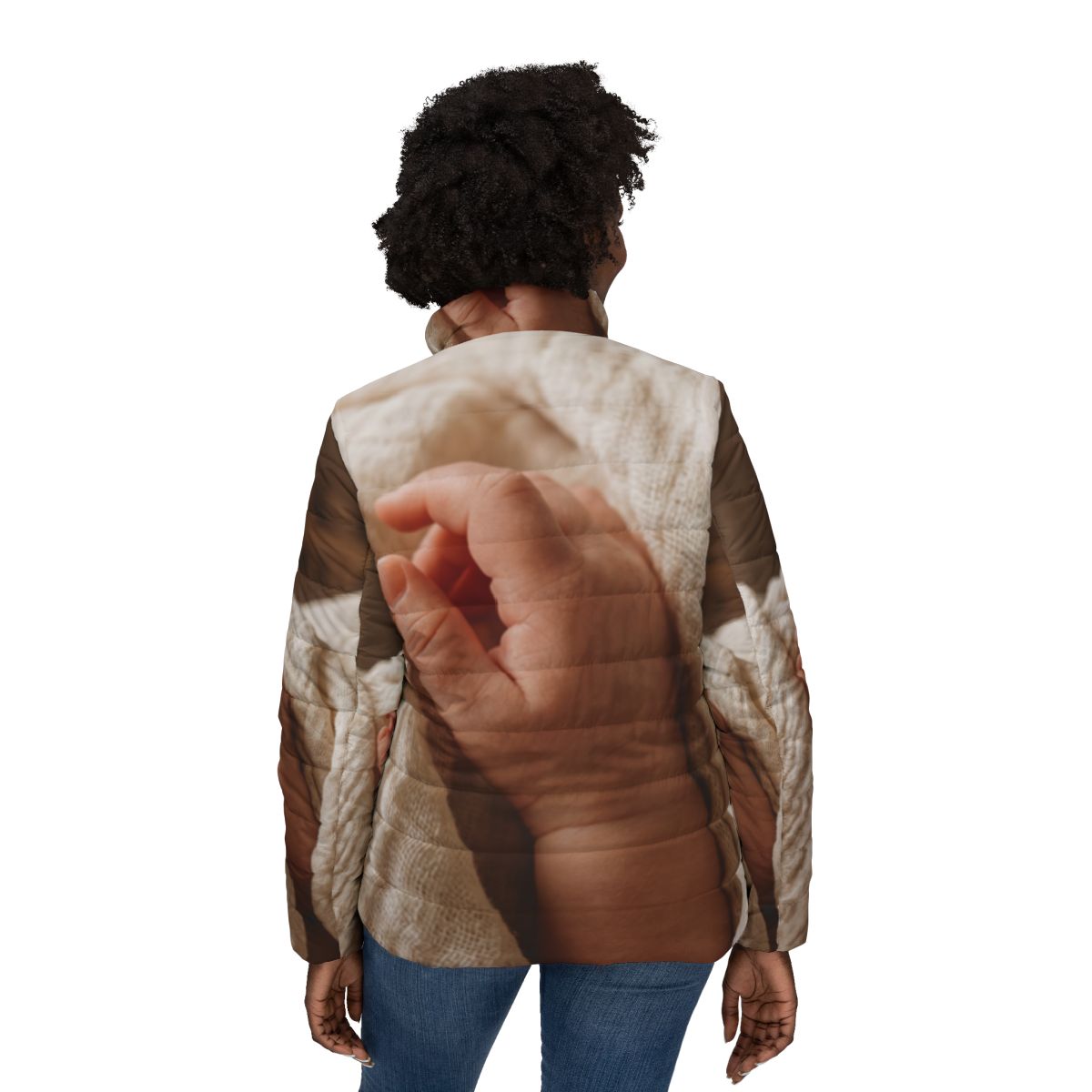 Women's Puffer Jacket - Tender Newborn Hand in Soft Muslin...