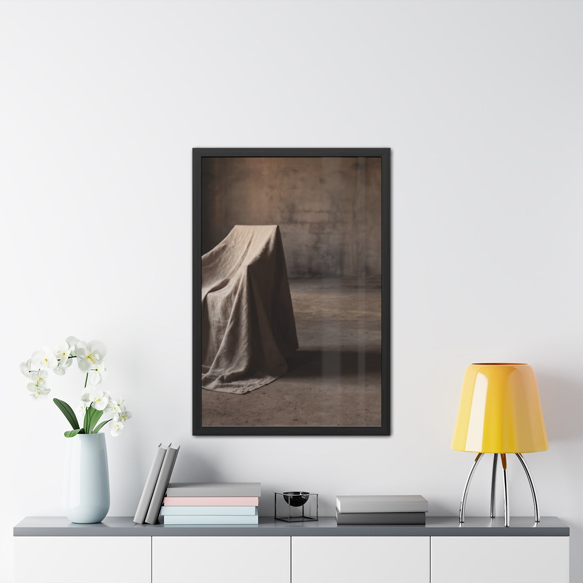 Framed Posters - Silent Shadow Covered Chair Art — Portrait...