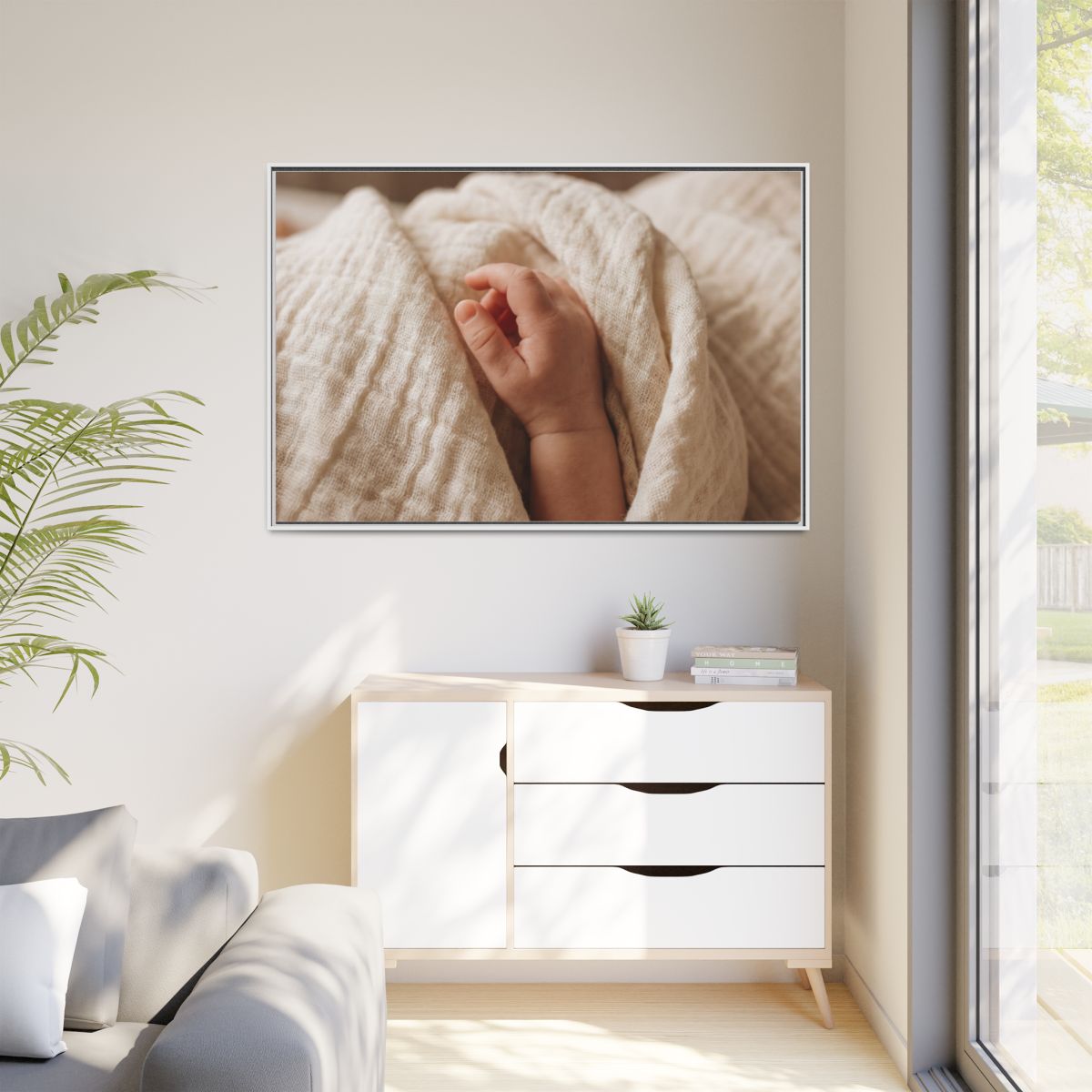 Matte Canvas, Framed - Tender Newborn Hand in Soft Muslin......