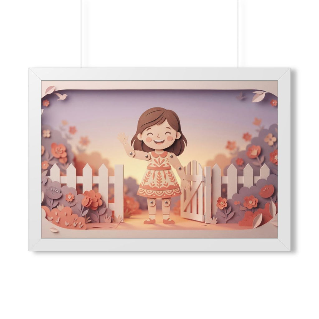 Framed Horizontal Poster - Garden Girl Gate — White (14×11...