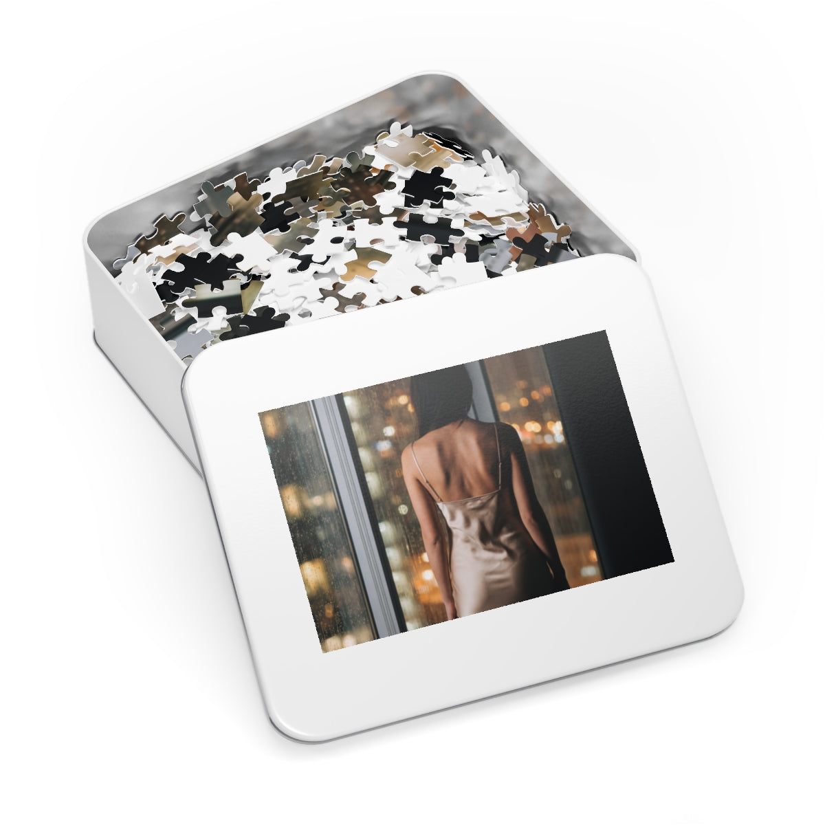 Jigsaw Puzzle with Tin - Cozy Rain Setup