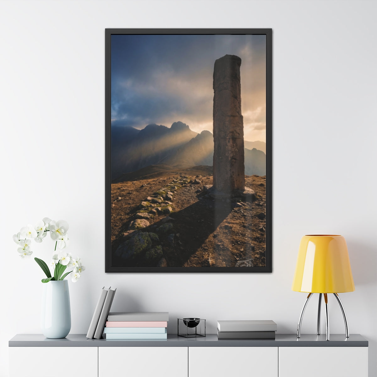 Framed Posters - Ancient Stone Column Mountain Sunset Art......