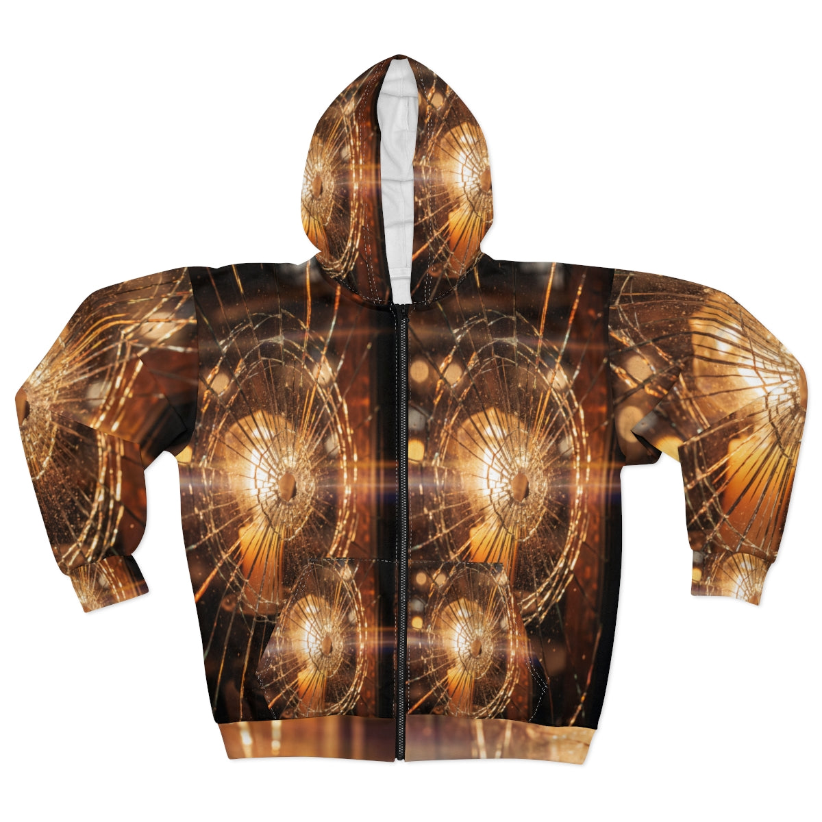 Unisex Zip Hoodie - Golden Fractures Shattered Glass Art |...