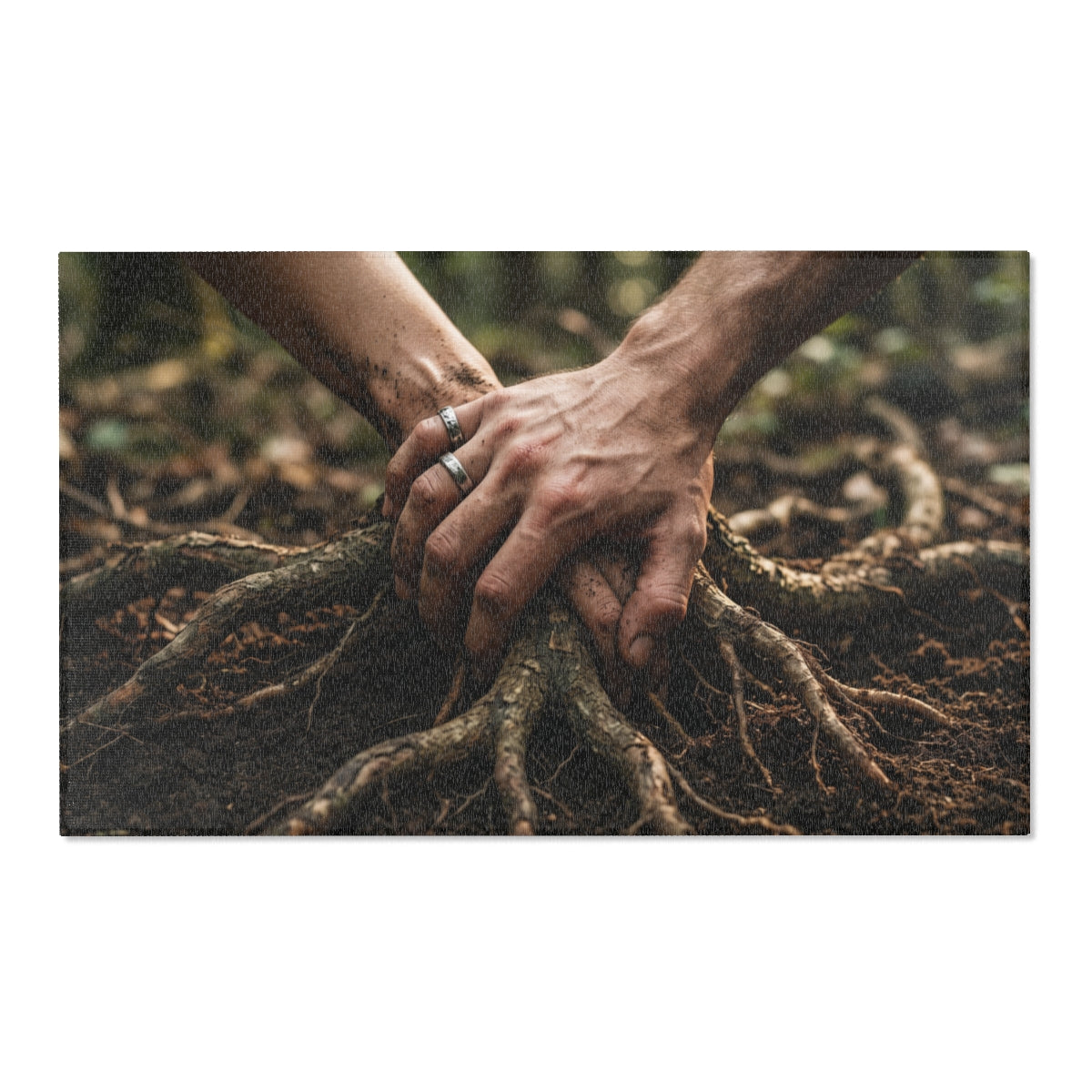 Area Rugs with Forest Roots and Hands Art