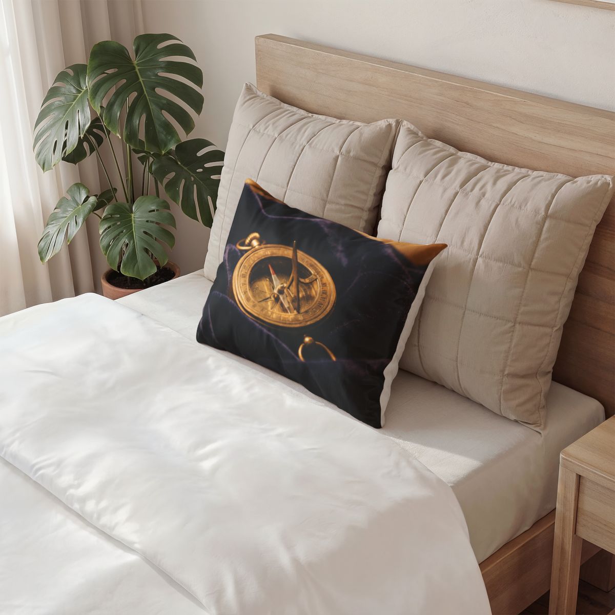 Cotton Pillow Sham Brass Sundial Compass Art