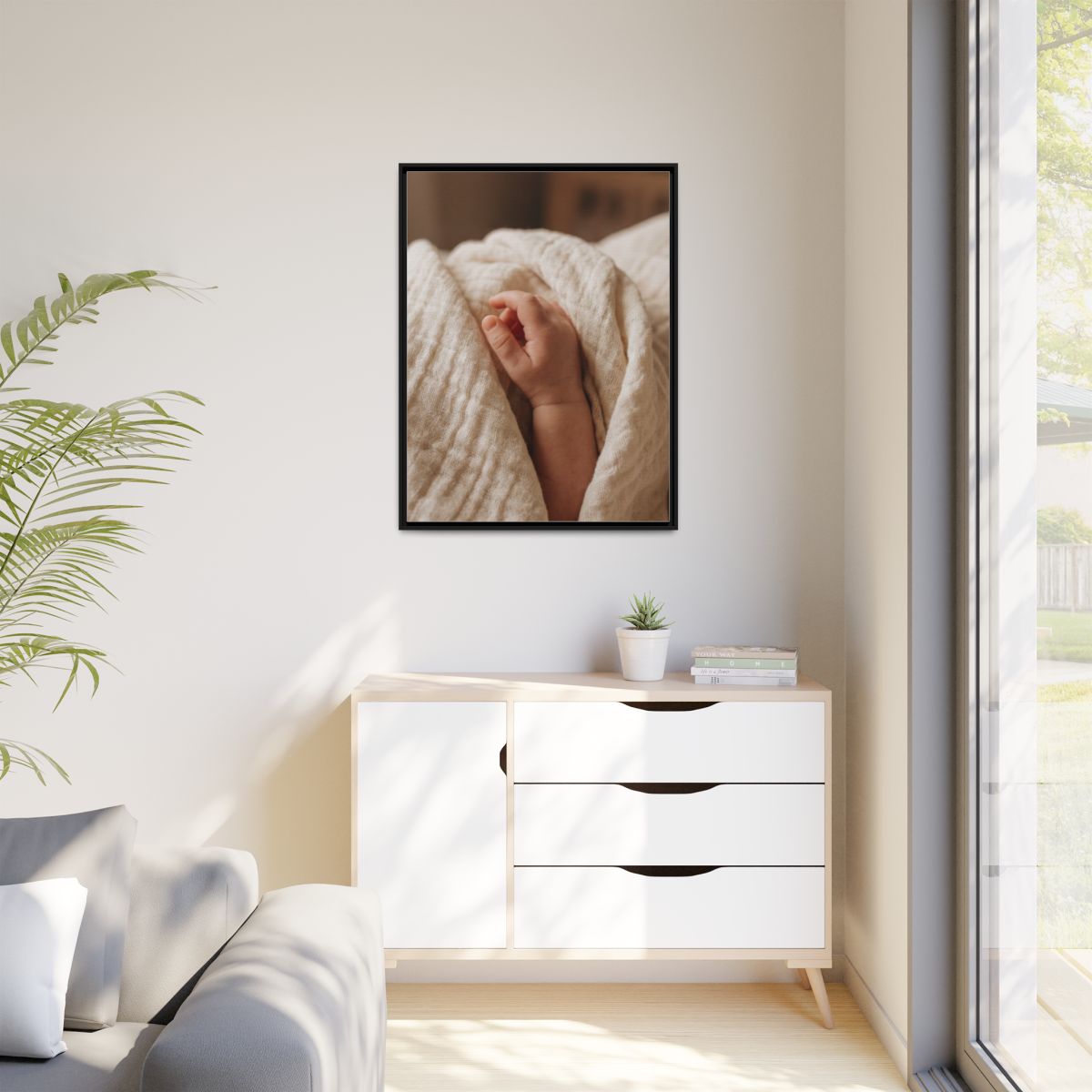 Matte Canvas, Framed - Tender Newborn Hand in Soft Muslin......