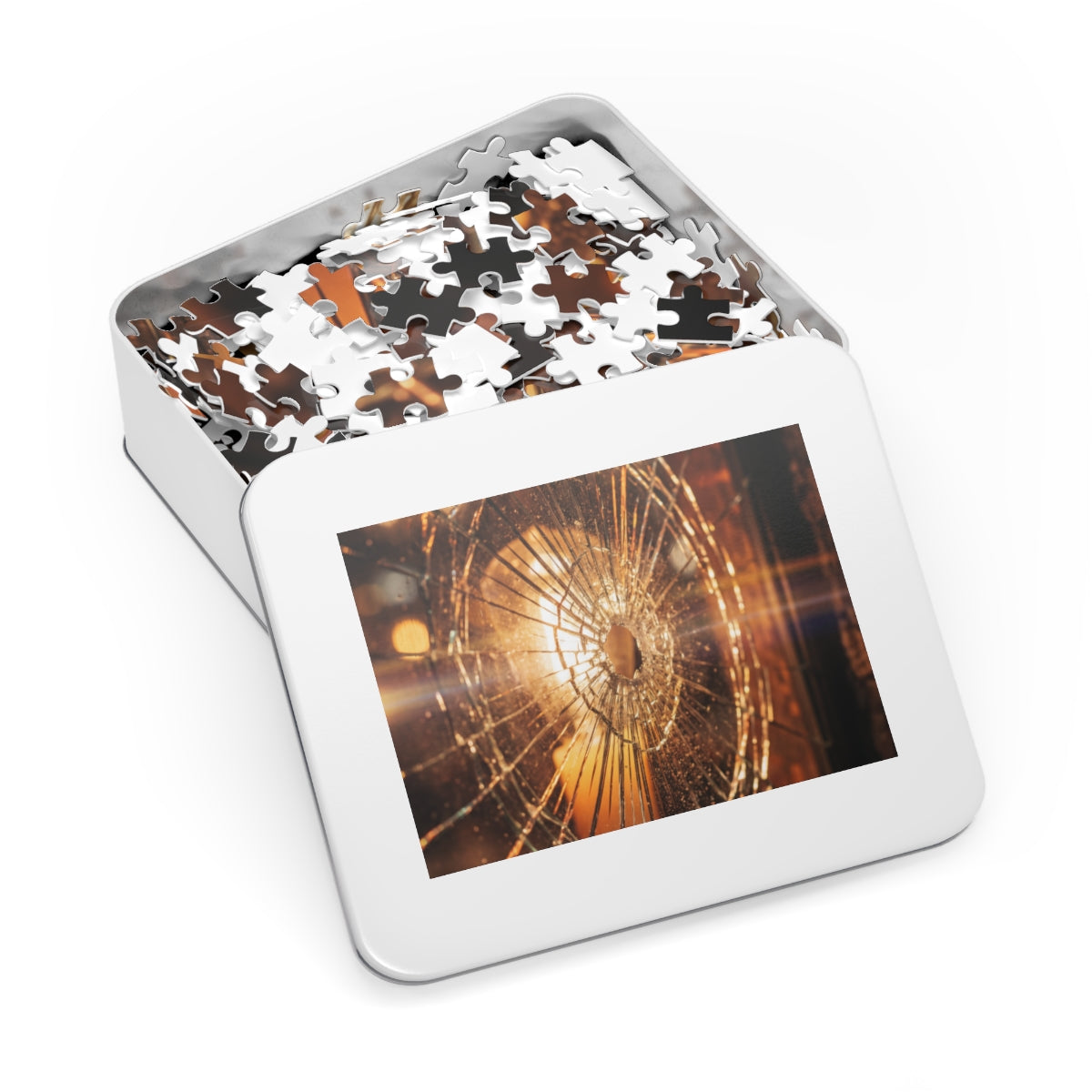 Jigsaw Puzzle with Tin - Golden Fractures Shattered Glass......