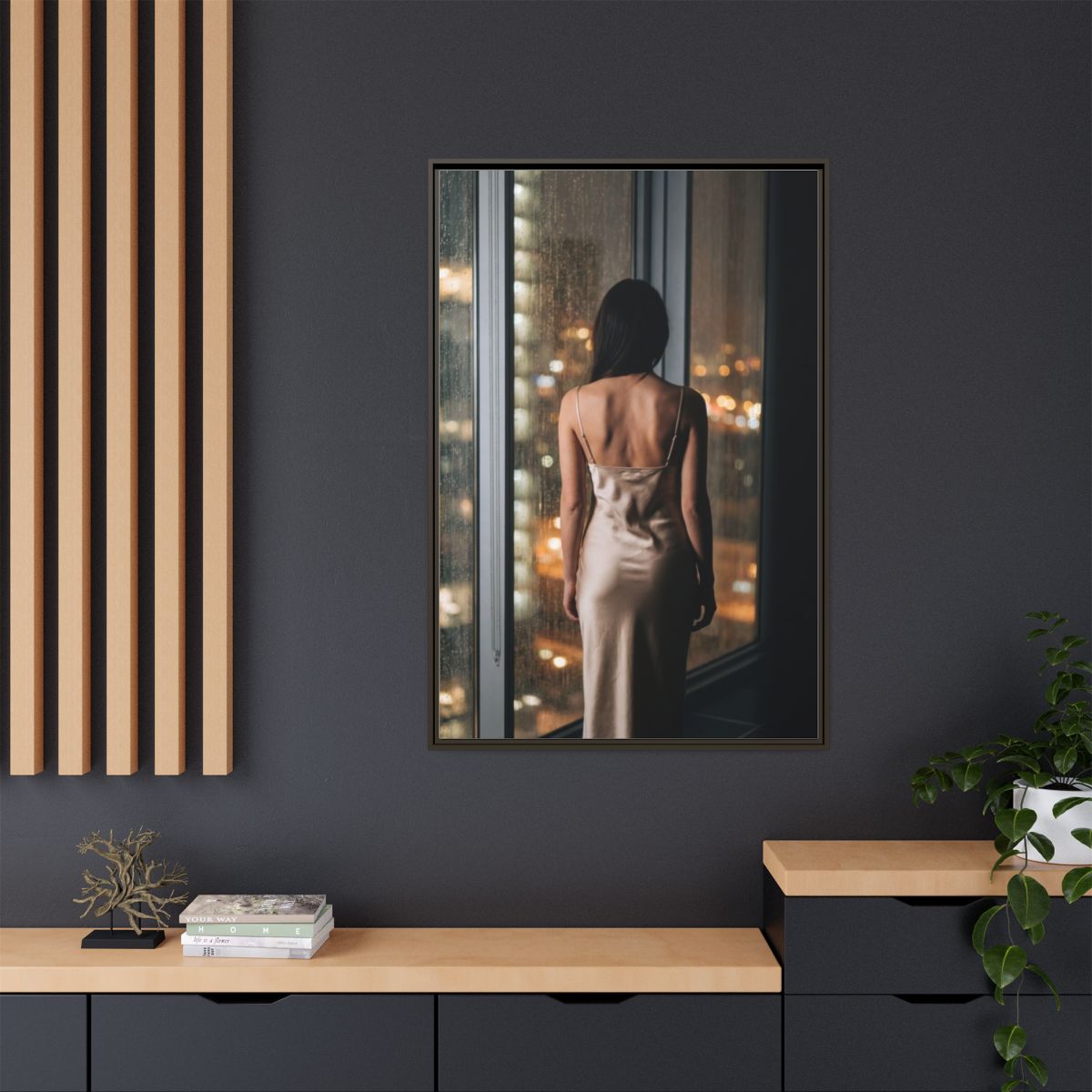 Matte Canvas, Framed - Rainy City lights Glow — Espresso /...