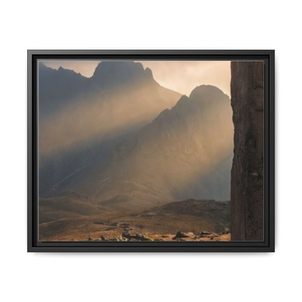 Matte Canvas, Framed - Ancient Stone Column Mountain Sunset Art (10×8, 12×9, 14×11, 16×12, 20×10, 18×12, 20×16, 24×16, 24×18, 36×12, 24×20, 32×16, 30×20, 30×24, 32×24, 48×16, 36×24, 48×24, 40×30, 60×20, 48×32, 60×30 & 60×40)