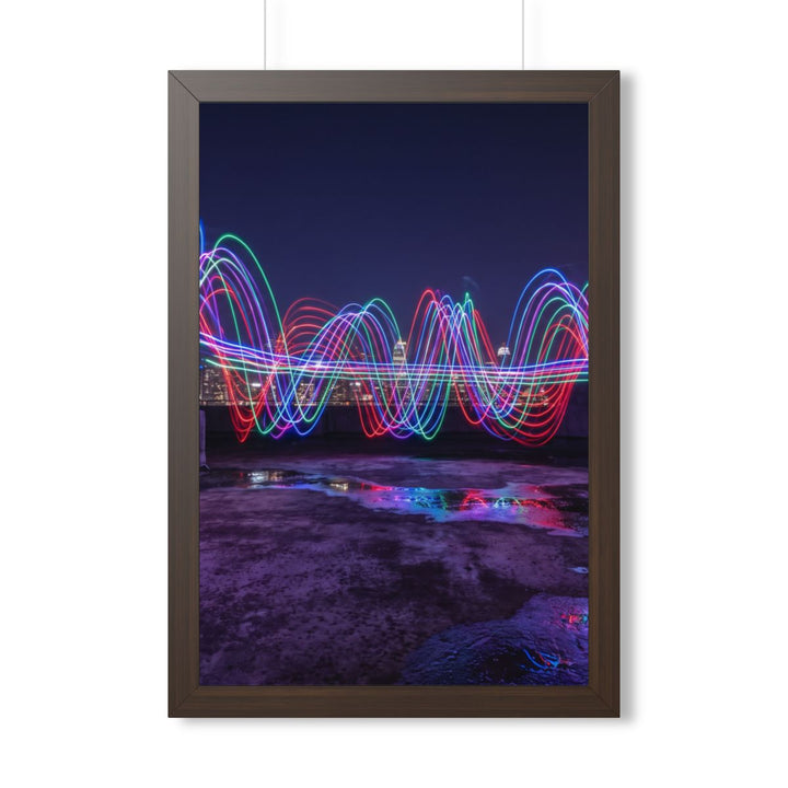 Framed Vertical Poster - Neon Wave Night — Walnut (11×14, 12×16, 16×16, 16×20, 16×24, 12×36 & 20×30)