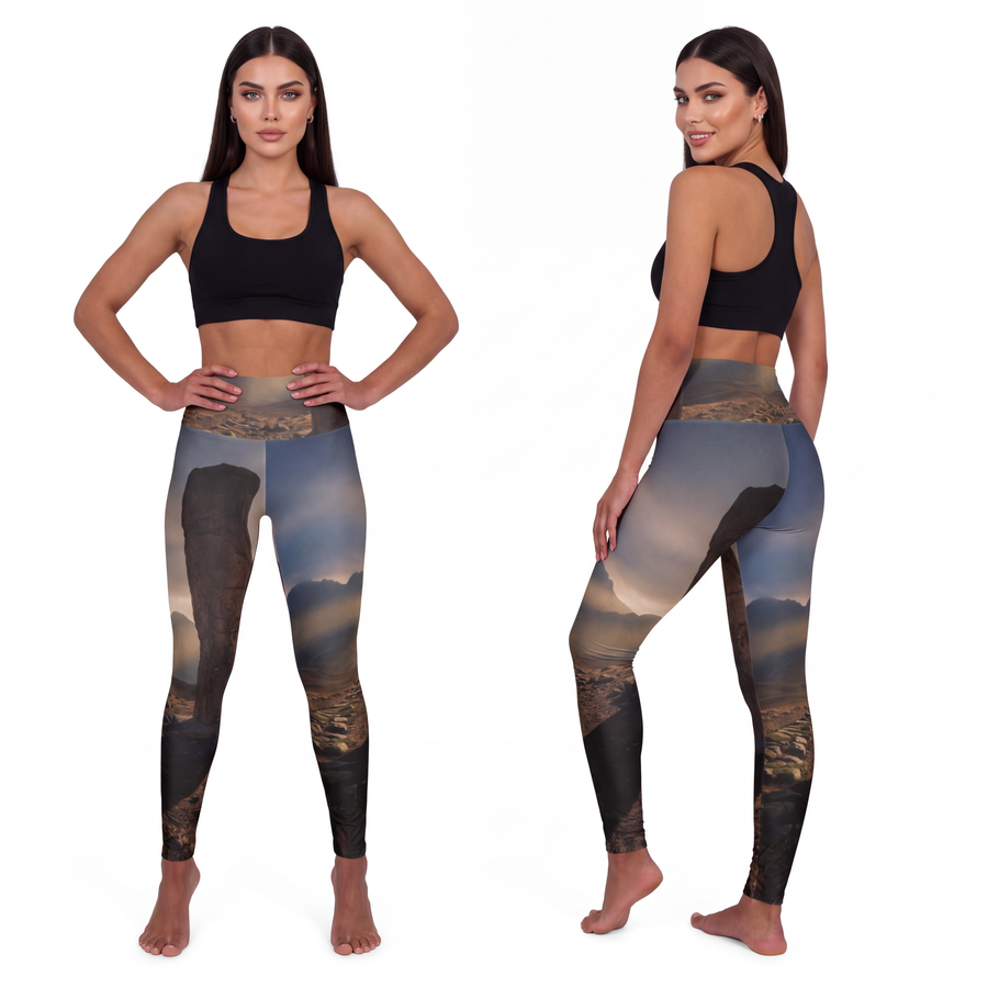 High Waisted Yoga Leggings - Mystic Monolith Ancient Persian Mountain Art