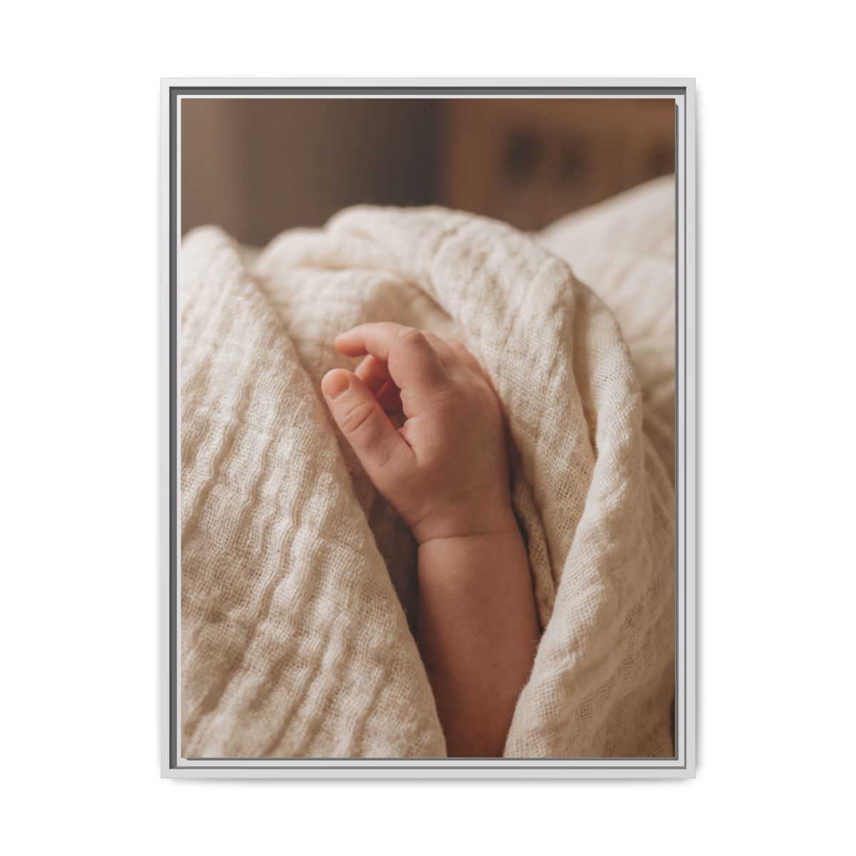 Framed Matte Canvas - Tender Newborn Hand (8×10, 9×12, 11×14, 12×16, 10×20, 12×18, 16×20, 16×24, 18×24, 12×36, 20×24, 16×32, 20×30, 24×30, 24×32, 16×48, 24×36, 24×48, 30×40, 20×60, 32×48, 30×60 & 40×60)
