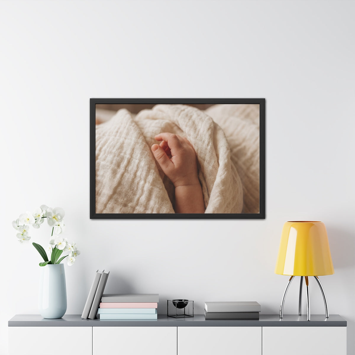 Framed Posters - Tender Newborn Hand in Soft Muslin Blanket...