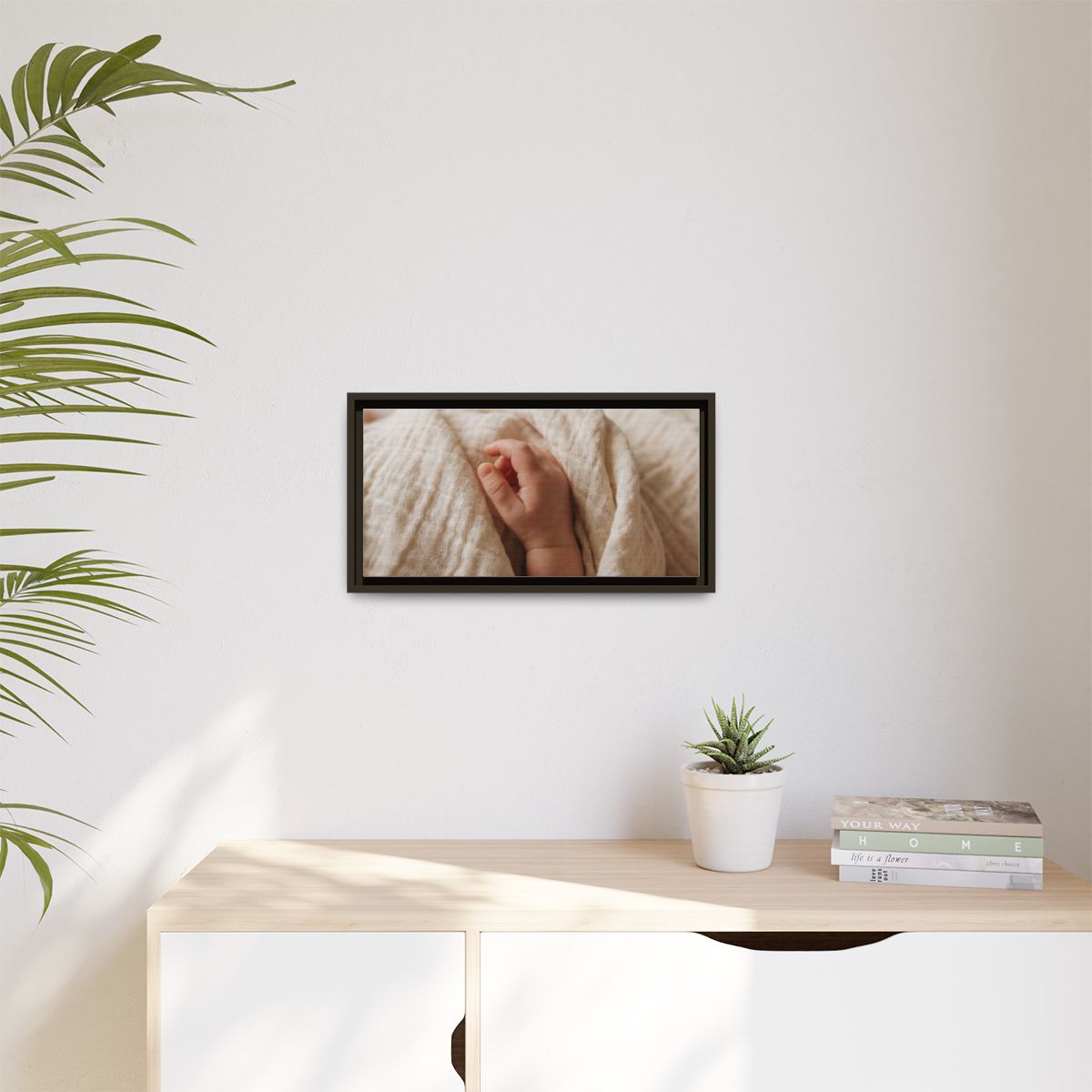 Matte Canvas, Framed - Tender Newborn Hand in Soft Muslin......